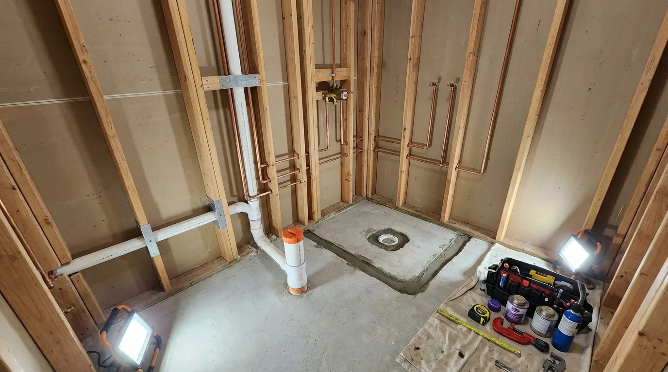 Bathroom rough-in plumbing during remodel by Johns Plumbing LLC in Great Bend