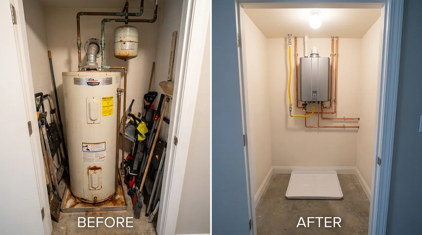 Tank water heater versus wall-mounted tankless unit comparison for Great Bend, KS homeowners
