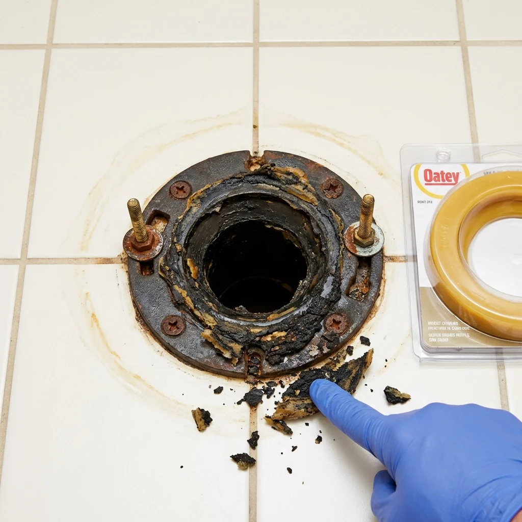 Failed wax ring showing water seepage at the base of a toilet in a Great Bend, KS home