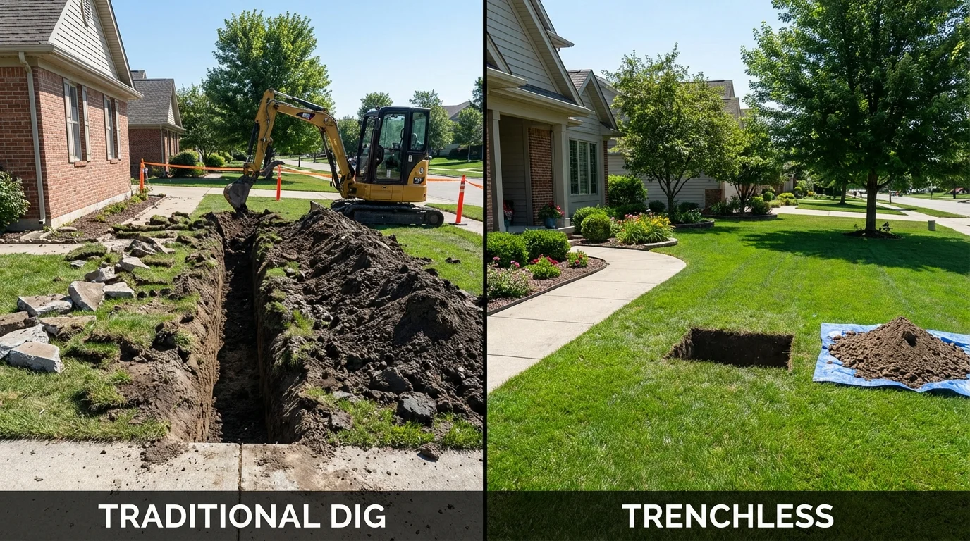 Trenchless sewer repair with minimal yard damage versus traditional excavation in Great Bend, KS
