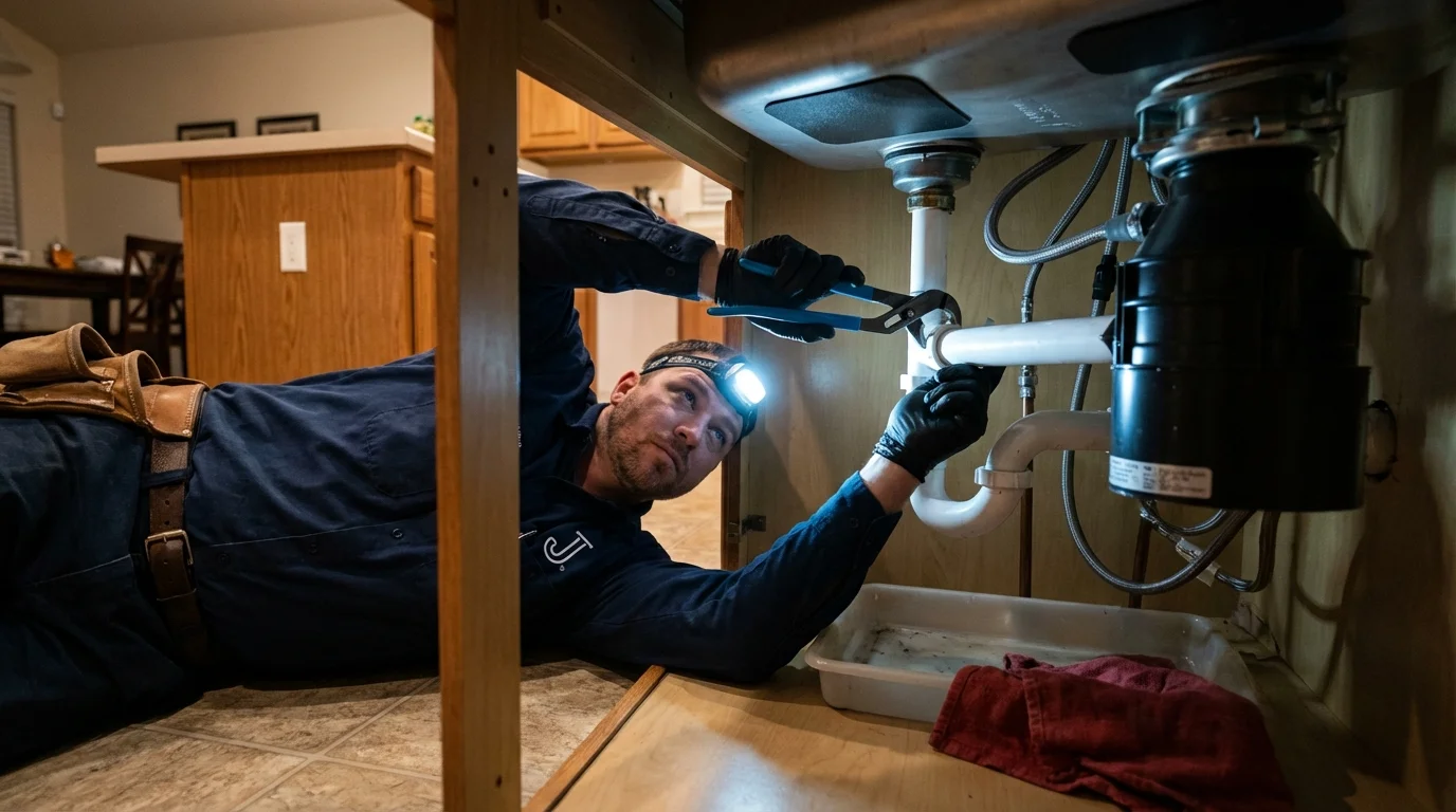 P-trap and supply line connections under a kitchen sink showing a common leak point in Great Bend, KS